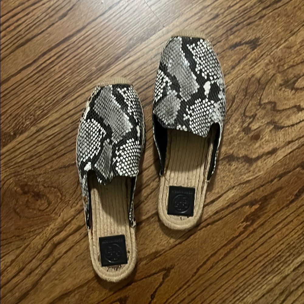 Tory Burch Black and White Snakeskin Mules